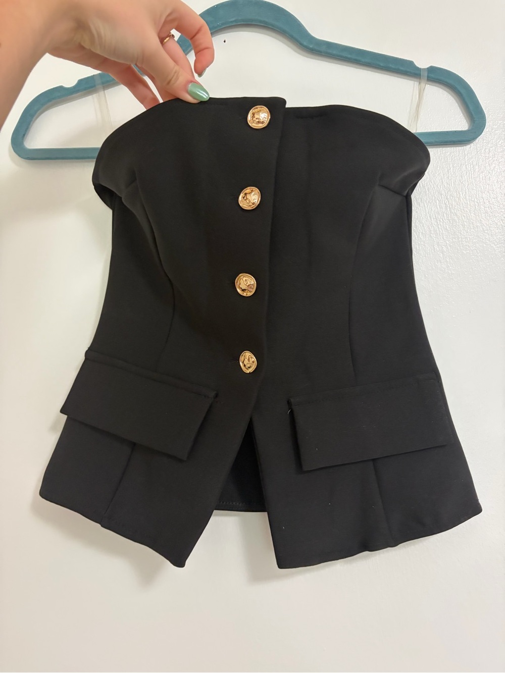 Strapless Black Peplum Top with Gold Buttons